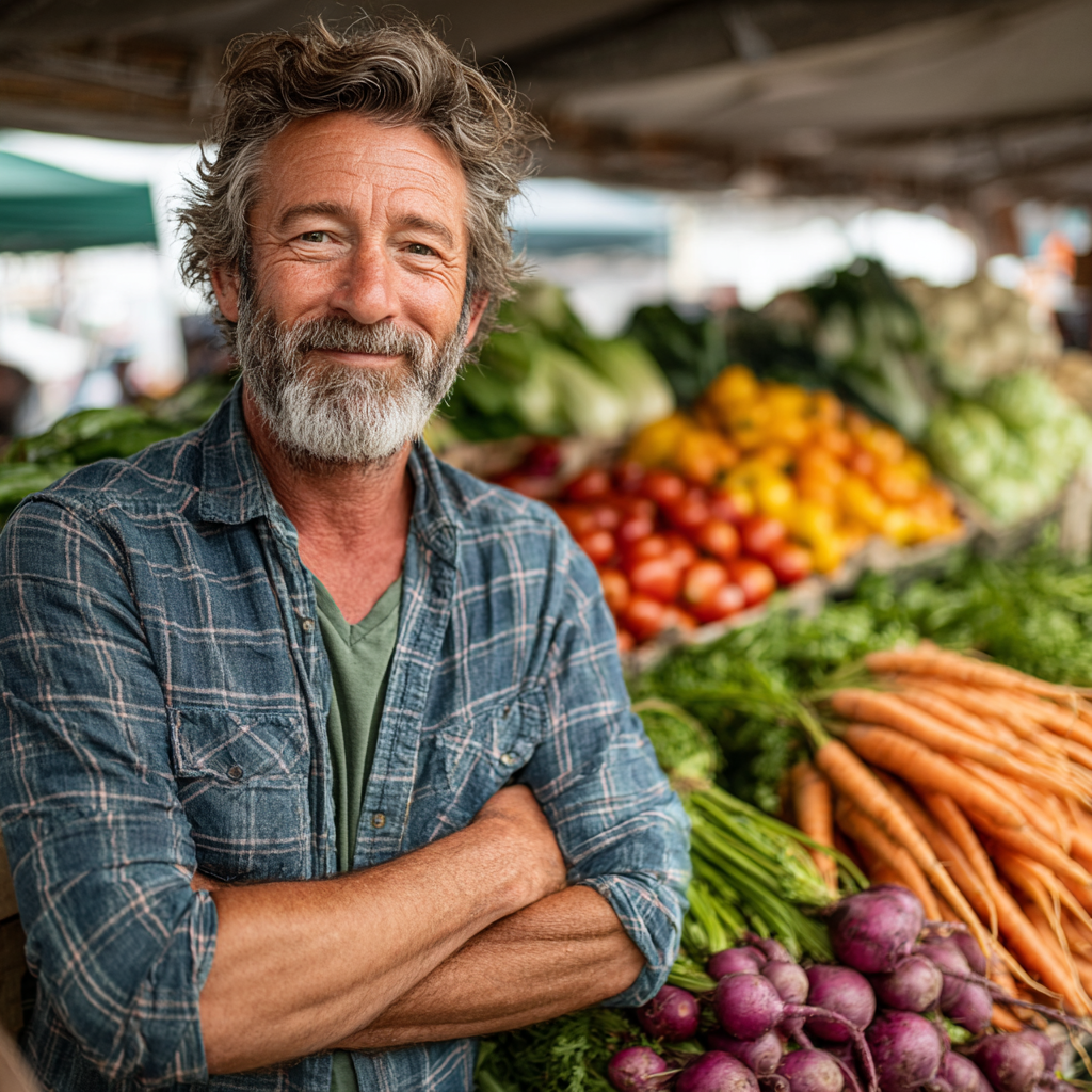 Confident middle-aged man in his 50s holding fresh vegetables at farmer market, smiling while selecting healthy produce