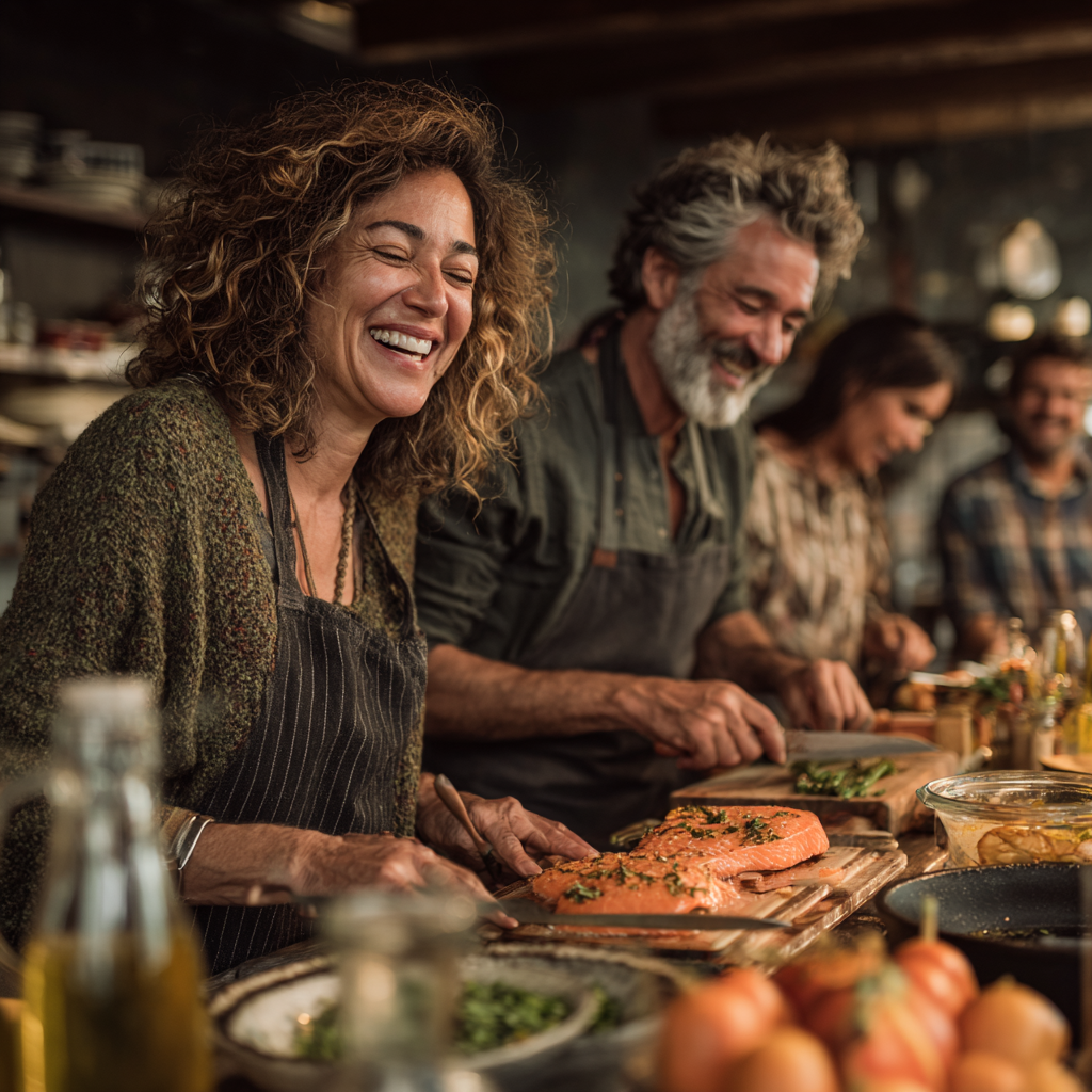Group of diverse people in their 40s and 50s cooking together in modern kitchen, laughing and enjoying healthy meal preparation