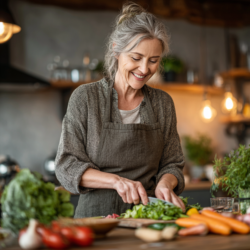 Happy middle-aged woman in her 40s preparing fresh salad in modern kitchen, smiling while chopping vegetables